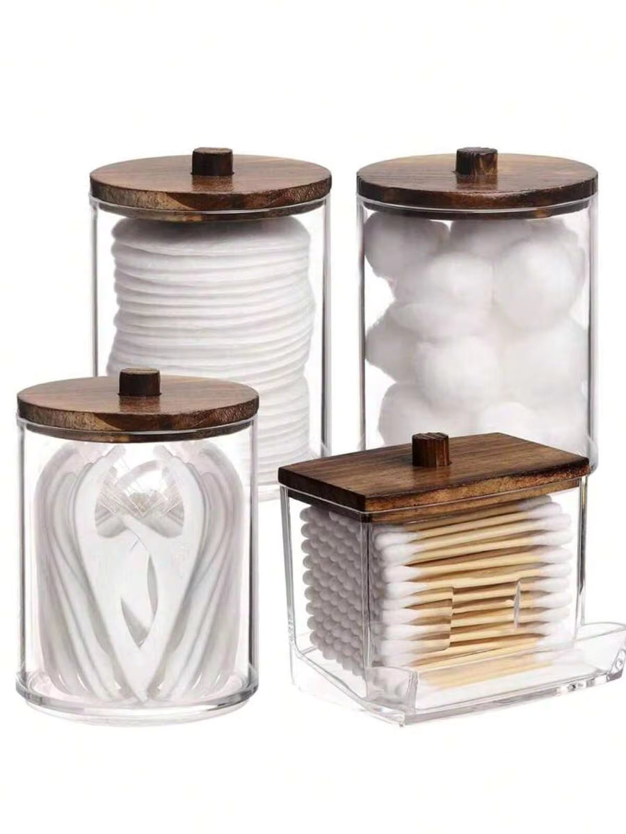 4 Packs Qtip Cosmetic Containers, 10/7 Ounce Round Cosmetic Cleaning Swab Dispenser, Medicine Bottle With Bamboo Lid For Organization And Storage (Brown),For Holiday Beach, Bathroom Collection, Bedroom Collection, Large Capacity