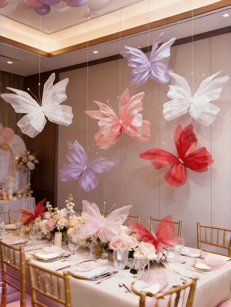 1/5pcs 50cm Silk Artificial Butterflies, Designed With 3D Double-Layer Mesh Wings, Featuring Rainbow Organza And Pearl Butterfly Decor, Suitable For Birthday Party Decoration, Wedding Decoration, Large Mesh Fake Butterflies, Shop Window Display